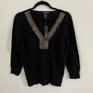 August Silk Women’s V Neck Beaded Neck 3/4 Sleeve Black Sweater S
